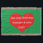 Our Second Christmas Together Cute Red Heart 2023  Throw Blanket<br><div class="desc">Personalised names and printed with cute red heart design in solid green background. Feel free to customise by adding your own texts,  names or photos. The colour of the background and the year can also be changed as you want!</div>
