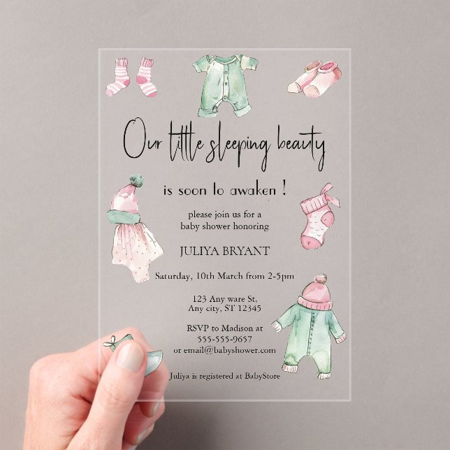 Our sleeping beauty baby cloths baby girl  shower  acrylic invitations (Insitu (Handheld))