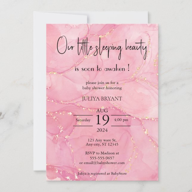 Our sleeping beauty pink baby shower invitation (Front)