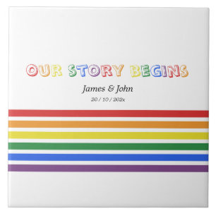 Our Story Begins Rainbow LGBTQ Flag Couple Tile