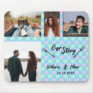 Our Story Couple Photo Collage Blue Hearts Pattern Mouse Pad