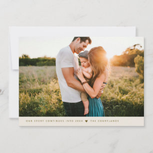 Our Story Minimalist New Years Photo Beige Holiday Card