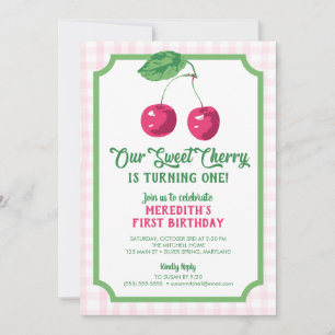 “Our Sweet Cherry” Pink & Green Birthday Invitation