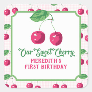 "Our Sweet Cherry" Pink & Green Birthday Square Sticker