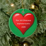 Our Third Christmas Together Cute Red Heart 2019 Ceramic Tree Decoration<br><div class="desc">Personalized names and printed with cute red heart design in solid green background. Feel free to customize by adding your own texts,  names or photos. You can add your photo on the back side of the ornament easily!
The color of the background can also be changed as you want.</div>