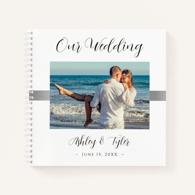 Our Wedding, Black Script Names, Date Photo Silver Notebook (Front)