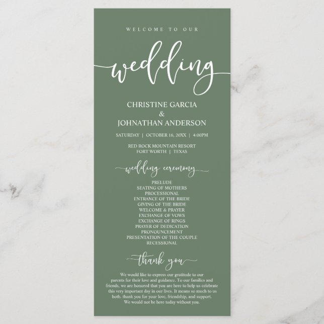 Our Wedding Ceremony, Elegant Sage Green Programme (Front)