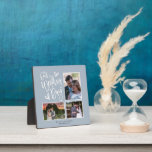 Our Wedding Day Collage 3 Photo Script Dusty Blue Plaque<br><div class="desc">After your big day, proudly display this collage with your 3 three favourite photos to replace the sample ones, alongside the elegant script Our Wedding Day with artsy heart motifs on a dusty blue background. Easily personalise with your names and wedding date at the bottom. You can also change th...</div>