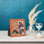 Our Wedding Day Collage 3 Photo Script Terracotta  Plaque<br><div class="desc">After your big day, proudly display this collage with your 3 three favourite photos to replace the sample ones, alongside the elegant script Our Wedding Day with artsy heart motifs on a terracotta background. Easily personalise with your names and wedding date at the bottom. You can also change th blue...</div>