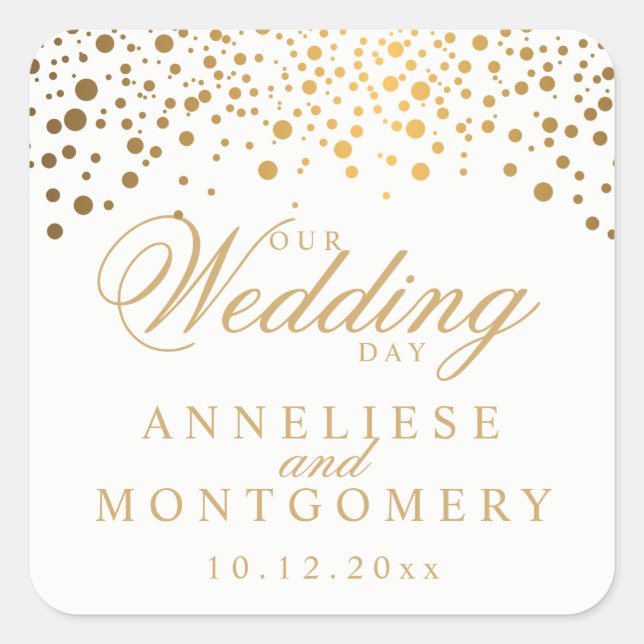 Our Wedding Day Gold Dots on White Square Sticker (Front)