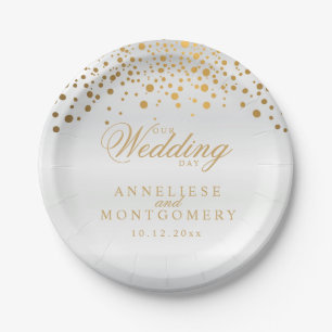 Our Wedding Day White Satin & Gold Confetti Dots Paper Plate