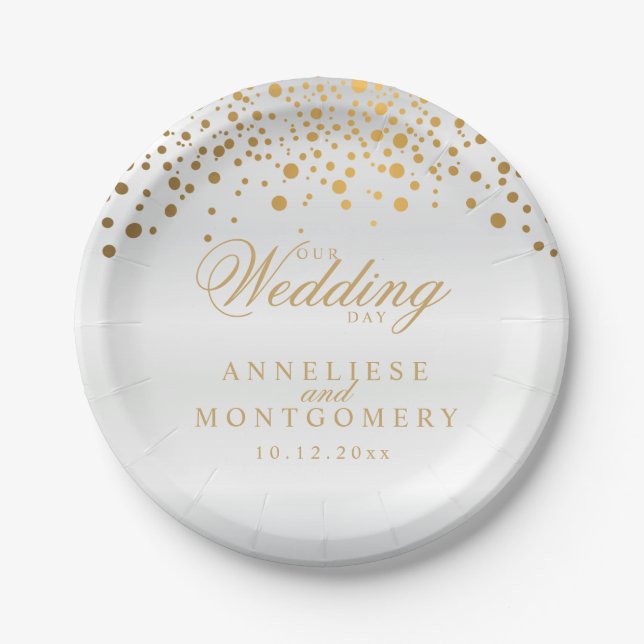 Our Wedding Day White Satin & Gold Confetti Dots Paper Plate (Front)