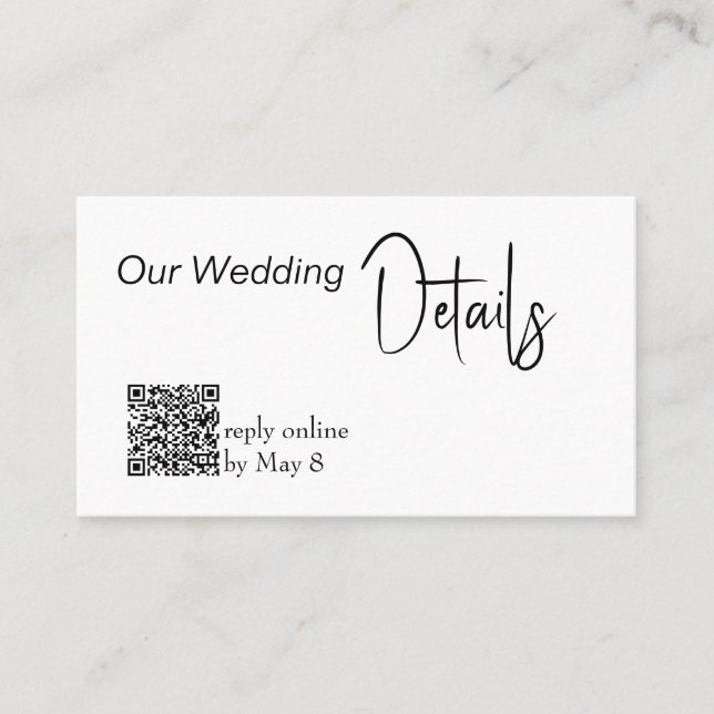 Our Wedding Details RSVP Wedding Budget QR Code Business Card (Front)