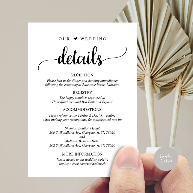 Our Wedding Details, Rustic Black Script Enclosure Card (Our Wedding Details, Rustic Script Invitation Enclosure Card, in Black and White)