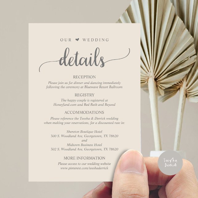 Our Wedding Details, Rustic Cream Dark Grey Enclosure Card (Our Wedding Details, Rustic Script Invitation Enclosure Card, in Cream and Dark Grey)