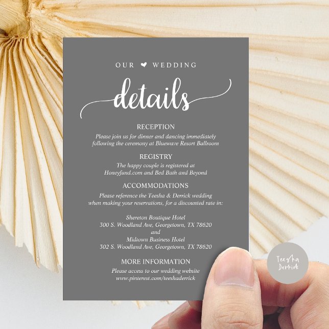 Our Wedding Details, Rustic Dark Grey Enclosure Card (Our Wedding Details, Rustic Script Invitation Enclosure Card, in Dark Grey)