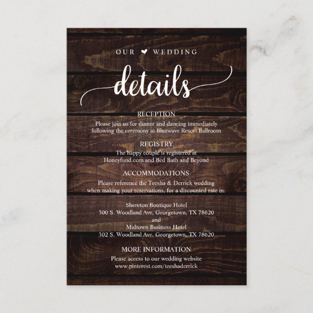 Our Wedding Details, Rustic Dark Wood Themed Enclosure Card (Front)