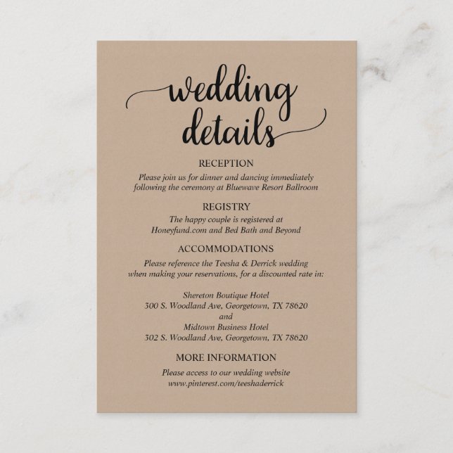 Our Wedding Details, Rustic Light Brown Kraft Enclosure Card (Front)