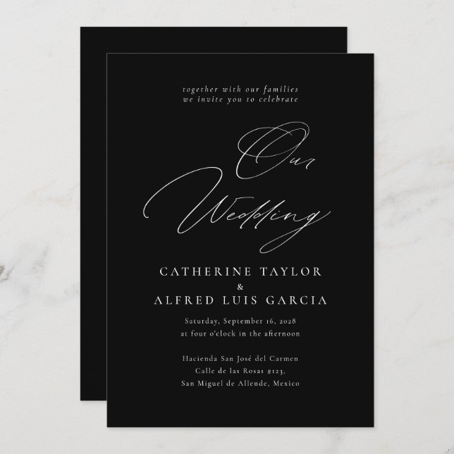 Our Wedding Elegant Calligraphy Black Wedding Invitation (Front/Back)