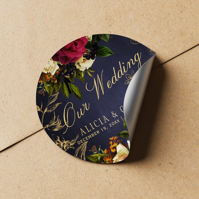 Our wedding elegant navy burgundy gold wedding classic round sticker (Creator Uploaded)