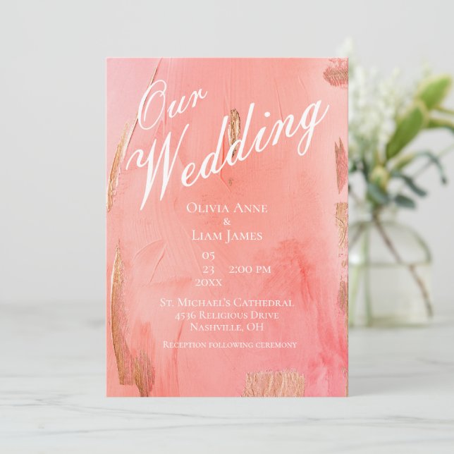 Our Wedding Gold Pink Peach Modern Elegant Wedding Invitation (Standing Front)