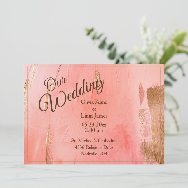 Our Wedding Gold Pink Peach Watercolor Wedding Invitation (Standing Front)