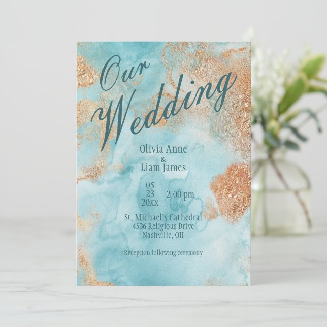 Our Wedding Gold Turquoise Abstract Wedding Invitation (Standing Front)