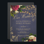 Our Wedding gold typography floral burgundy navy Magnetic Invitation<br><div class="desc">Elegant classy wedding invitation on a dark navy blue background with gold typography script and beautiful dark red burgundy and ivory cream peony roses.           suitable for a floral winter / Christmas themed / autumn fall rustic vintage elegant wedding ceremony and reception.</div>
