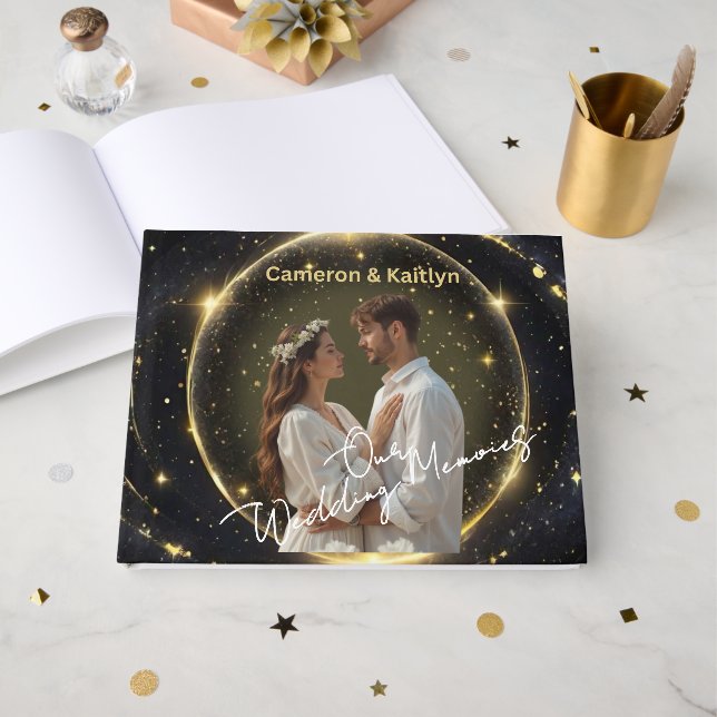 Our Wedding Memories – Elegant Black and Gold Cust Guest Book (Front Open)