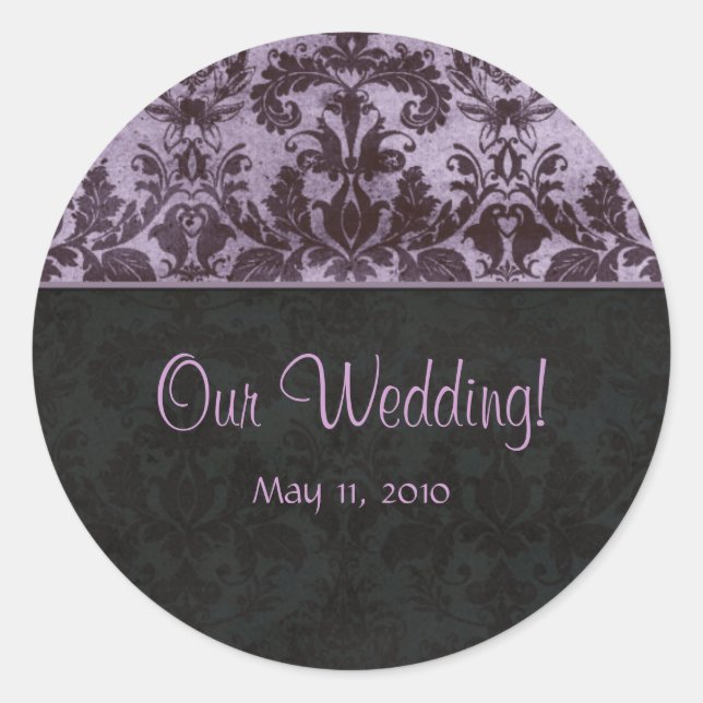 Our Wedding RSVP Stickers Purple Damask (Front)