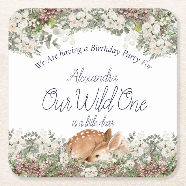 Our Wild One is a little dear. Deer Woodland 1st  Square Paper Coaster (Front)