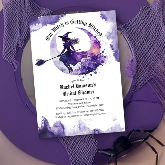 Our Witch is Getting Hitched Purple Bridal Shower Invitation (Our Witch is Getting Hitched Halloween Bridal Shower Invitation by Darling & May)
