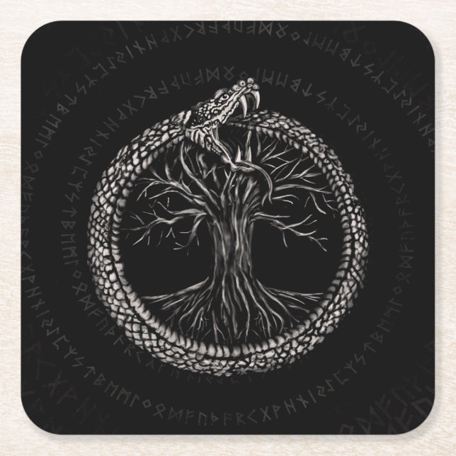 Ouroboros with Tree of Life Square Paper Coaster (Front)