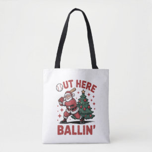 Out Here Ballin' Santa Playing Baseball Christmas Tote Bag