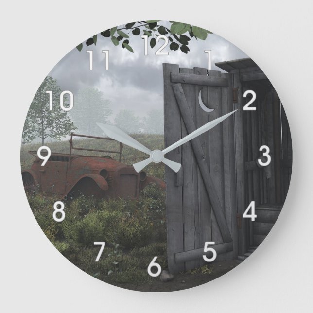 OUT HOUSE AND RUSTED CAR CLOCK (Front)