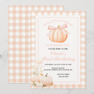 Out Little Pumpkin is one pink bow first birthday Invitation