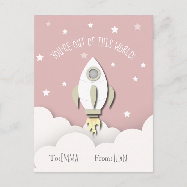 Out Of This World Pink Space Rocket Valentine Postcard (Front)