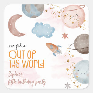 Out of this world space adventure kids birthday square sticker