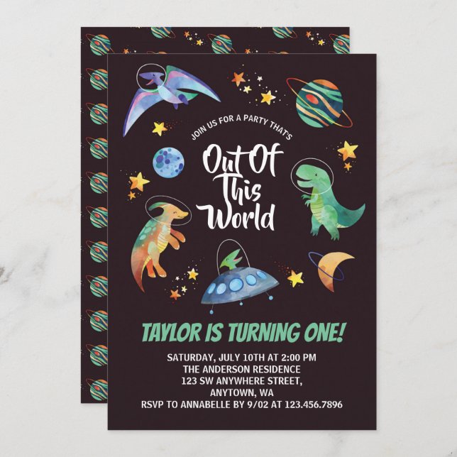 Out Of This World Space Dinosaur Galaxy Birthday   Invitation (Front/Back)