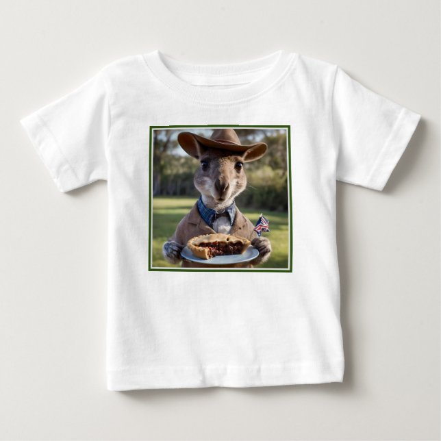 "Outback Delight: A Kangaroo Eats Aussie Meat Pie Baby T-Shirt (Front)