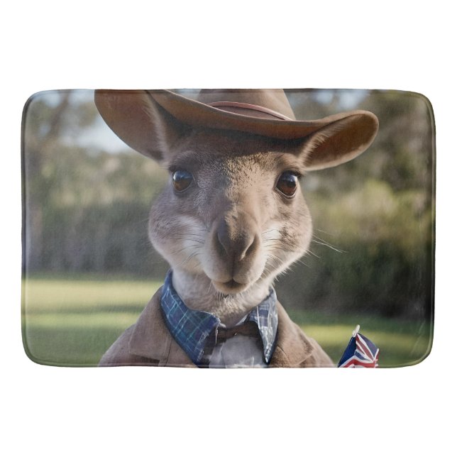 "Outback Delight: A Kangaroo Eats Aussie Meat Pie Bath Mat (Front)