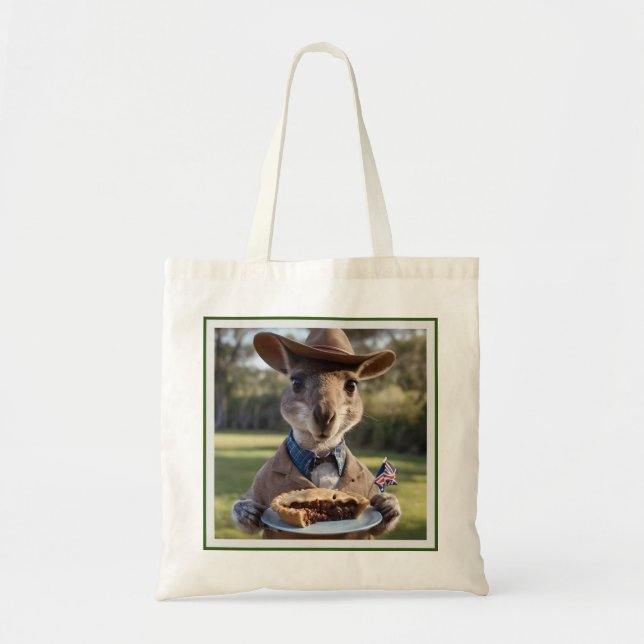 "Outback Delight: A Kangaroo Eats Aussie Meat Pie Tote Bag (Front)
