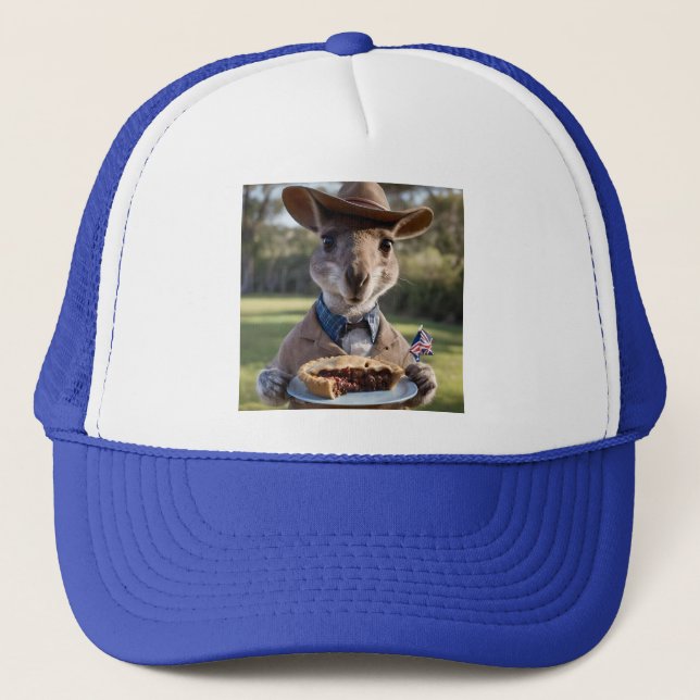 "Outback Delight: A Kangaroo Eats Aussie Meat Pie Trucker Hat (Front)