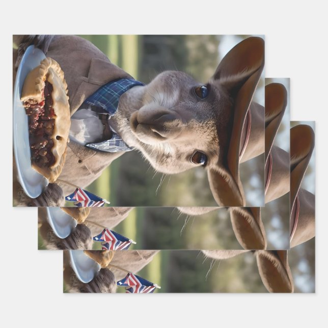 "Outback Delight: A Kangaroo Eats Aussie Meat Pie Wrapping Paper Sheet (Set)