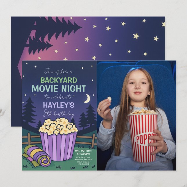 Outdoor Backyard Movie Night Birthday Photo Invitation (Front/Back)