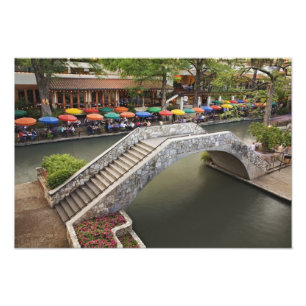 Outdoor cafe along River Walk and bridge over 2 Photo Print