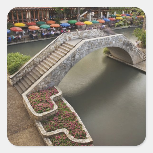 Outdoor cafe along River Walk and bridge over Square Sticker (Front)