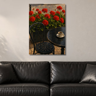 Outdoor Cafe Scene with Red Geraniums Poster