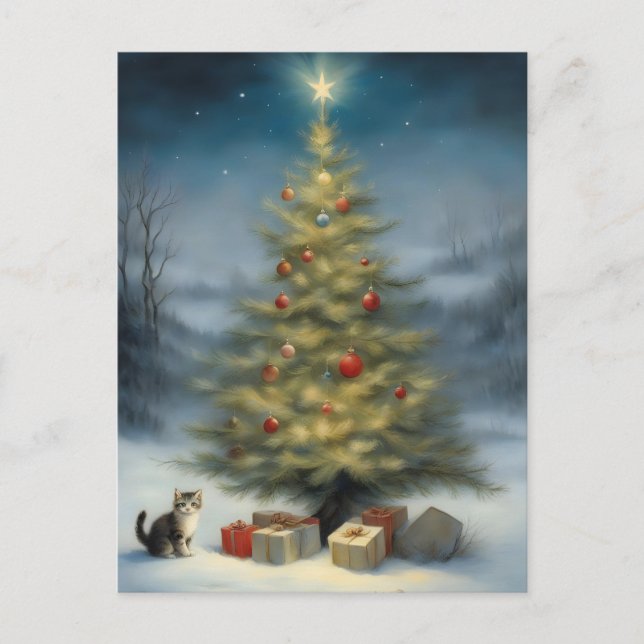 Outdoor Christmas Tree with Kitten and Presents Postcard (Front)