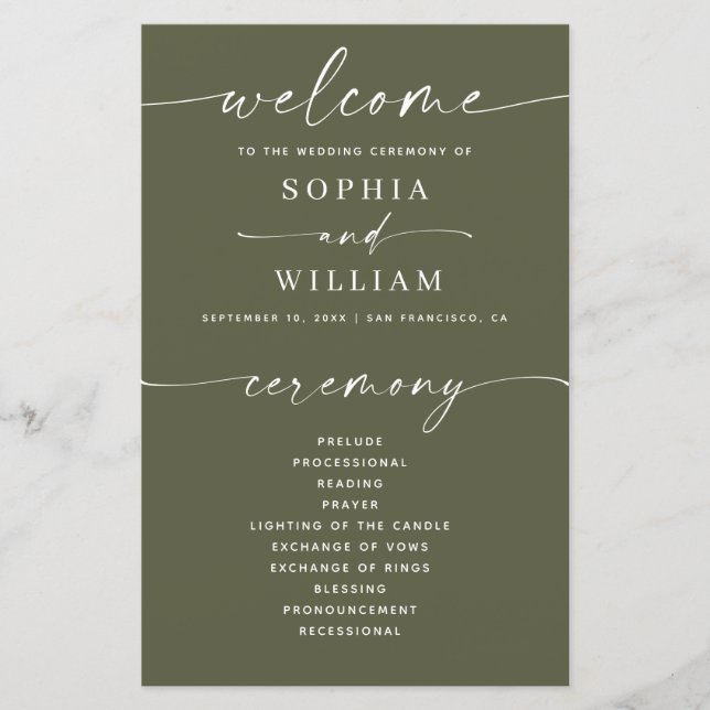 Outdoor Garden Wedding | Muted Olive Green Program (Front)